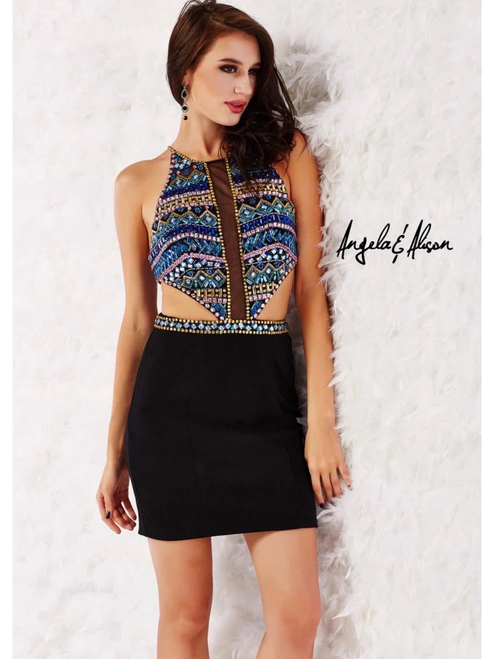 Angela & Alison Black Mini Dress with Multicolor Beaded Halter